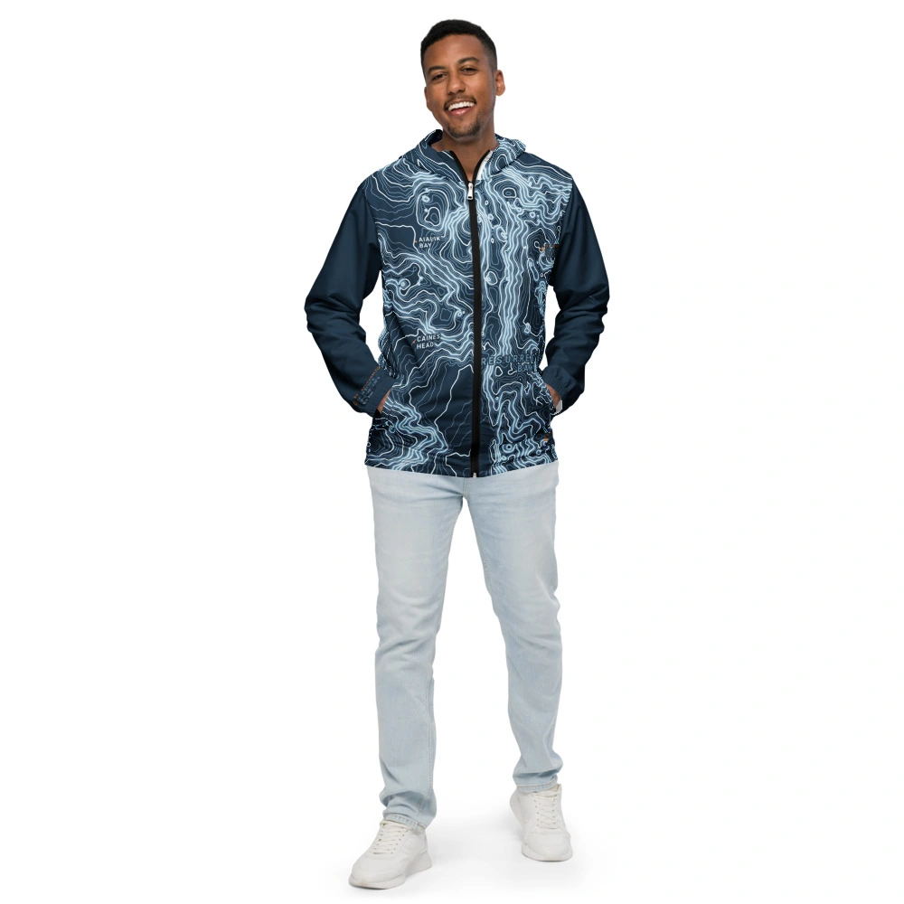 Real garment mockup of Seward Resurrection Bay Technical Fjord Windbreaker, Navy