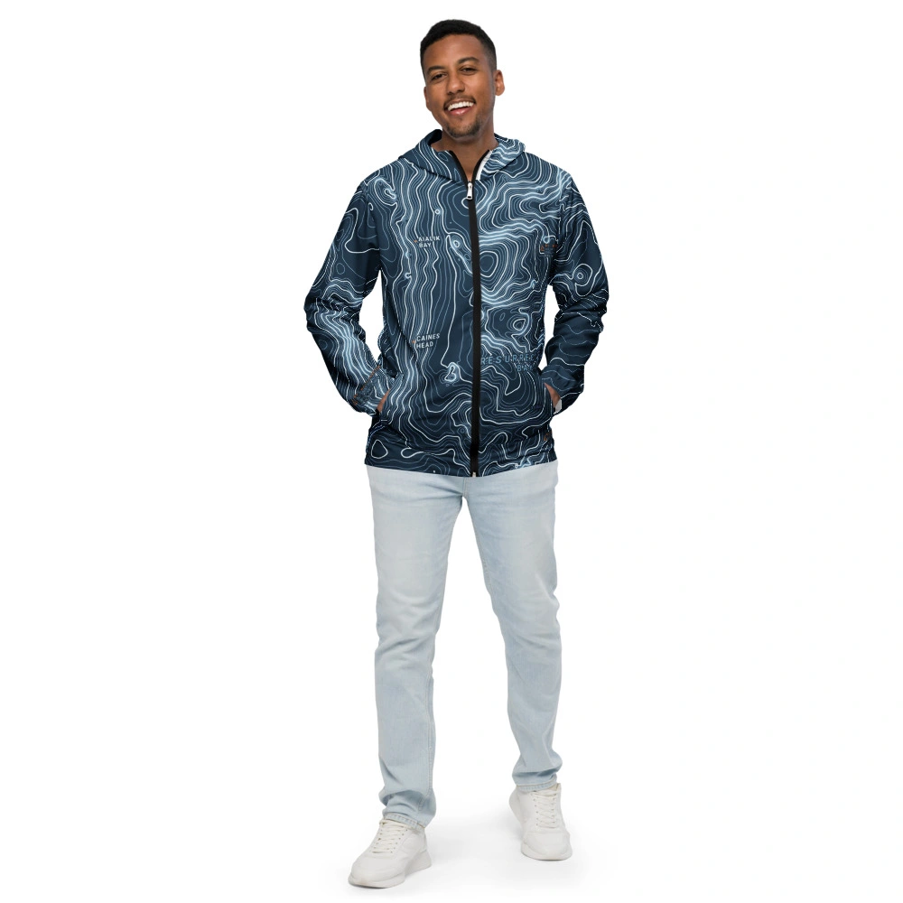Real garment mockup of Seward Resurrection Bay Technical Fjord Windbreaker, Navy