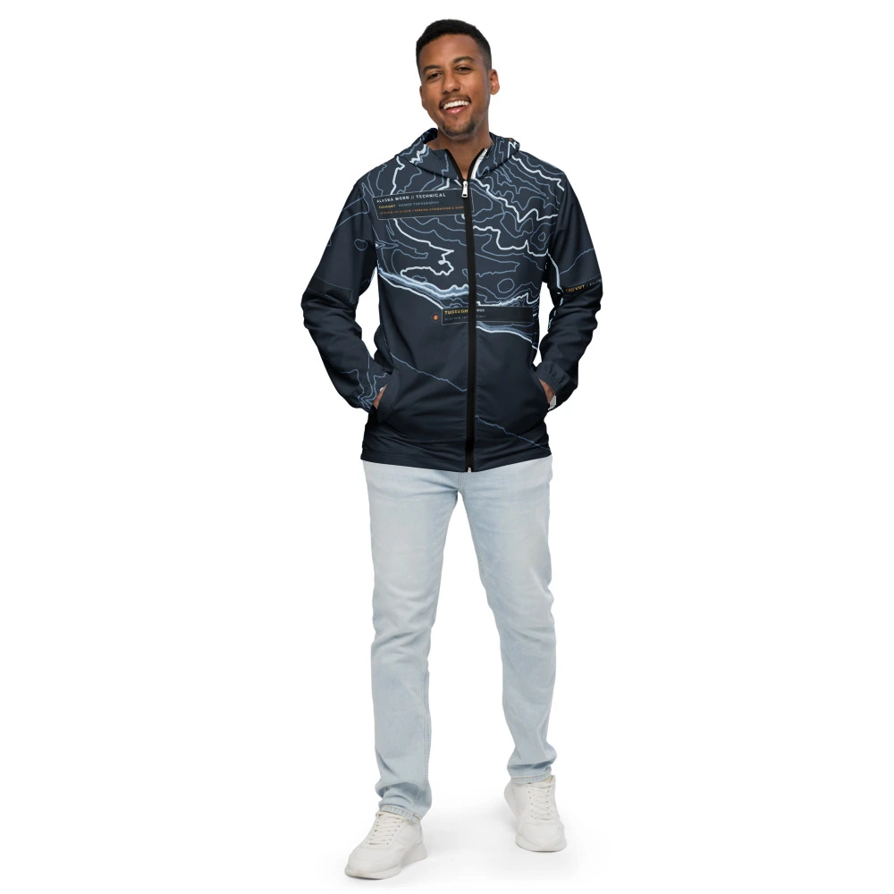 Real garment mockup of Homer Spit Kachemak Bay Technical Fjord Windbreaker, Slate view 1