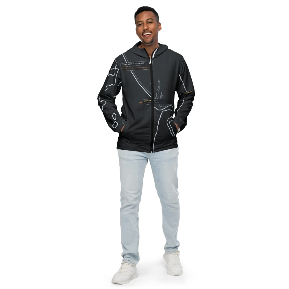 Real garment mockup of Kenai Cook Inlet Technical Fjord Windbreaker, Charcoal view 1