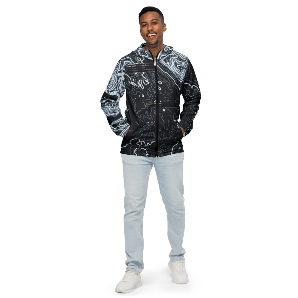 Real garment mockup of Sitka Sound Marine Shelf Technical Fjord Windbreaker, Obsidian view 1