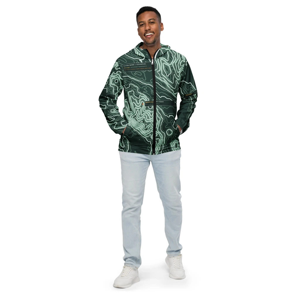 Real garment mockup of Ketchikan Tongass Narrows Technical Fjord Windbreaker, Spruce view 1