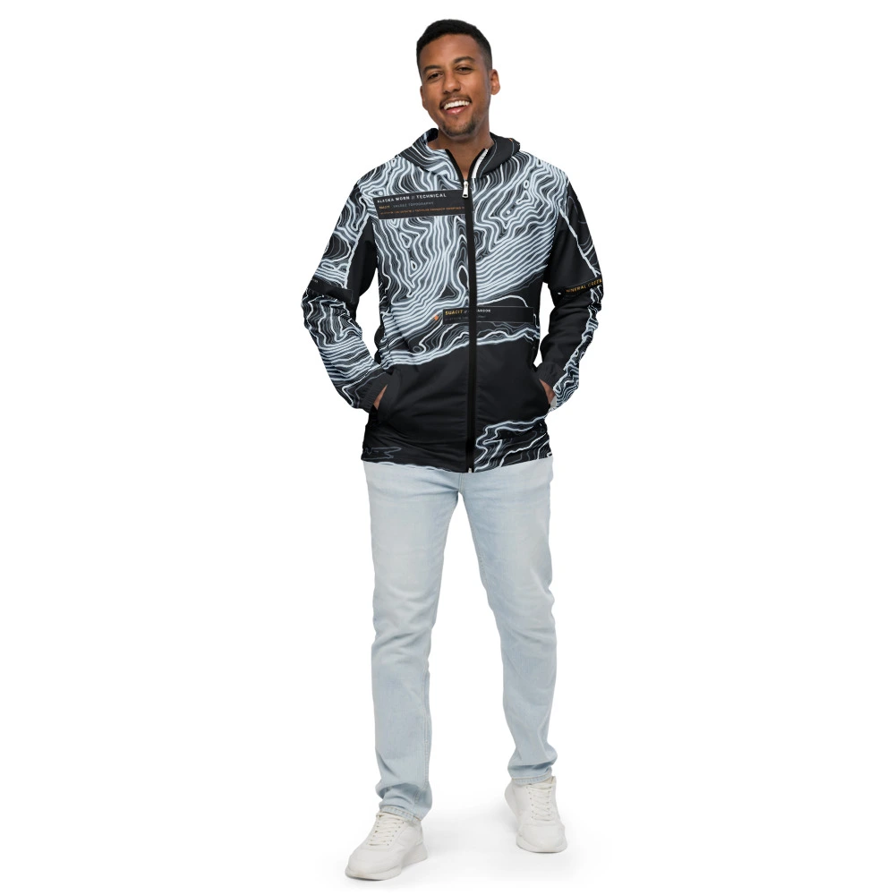 Real garment mockup of Valdez Fjord Narrows Technical Fjord Windbreaker, Obsidian view 1