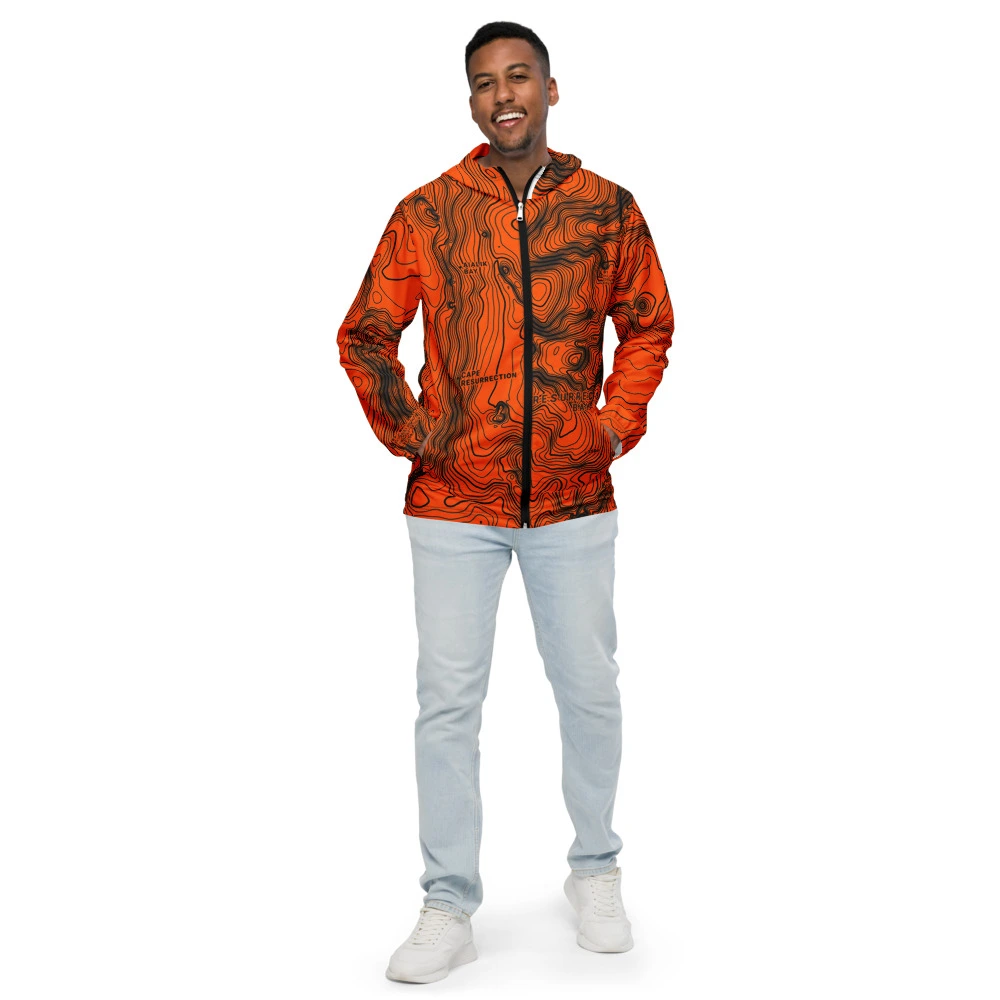 Real garment mockup of Seward Resurrection Bay Alpine Neon Topo Windbreaker, Safety Neon Orange view 1