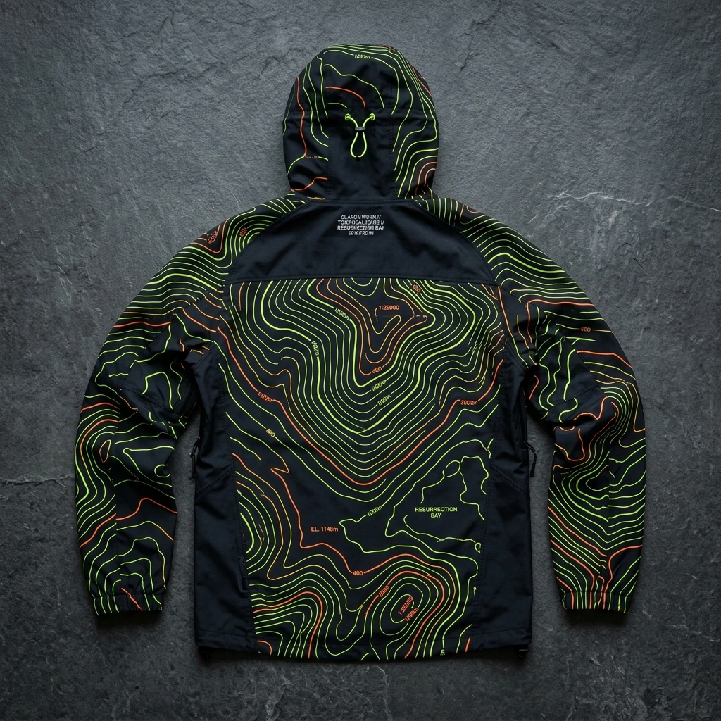 Back view of Homer Spit Kachemak Alpine Neon Topo Windbreaker