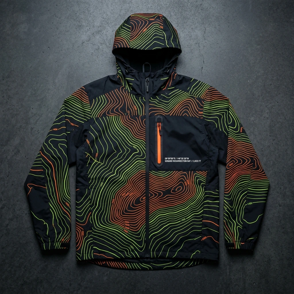 Real garment mockup of Homer Spit Kachemak Alpine Neon Topo Windbreaker, Safety Neon Orange