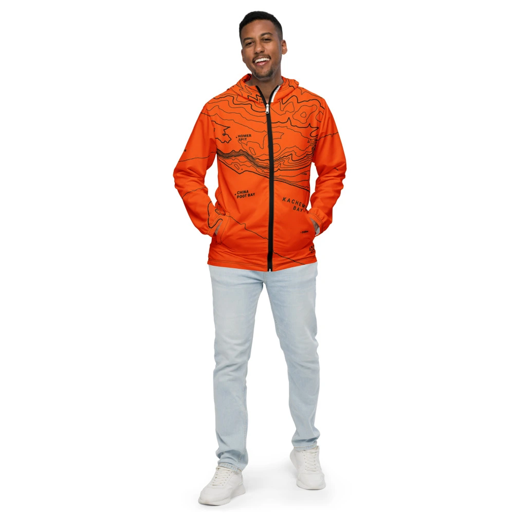 Real garment mockup of Homer Spit Kachemak Alpine Neon Topo Windbreaker, Safety Neon Orange view 1