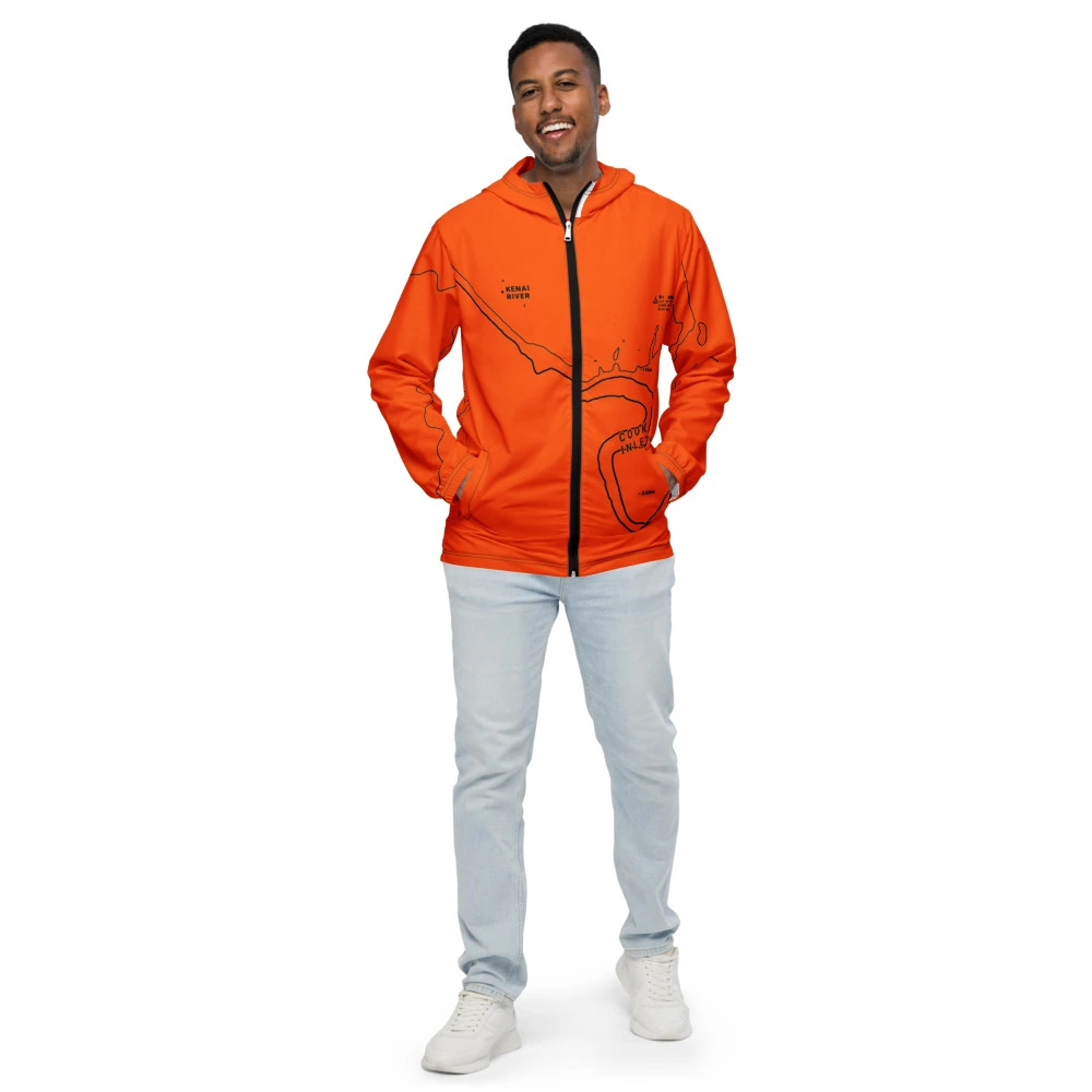 Real garment mockup of Kenai Cook Inlet Alpine Neon Topo Windbreaker, Safety Neon Orange view 1