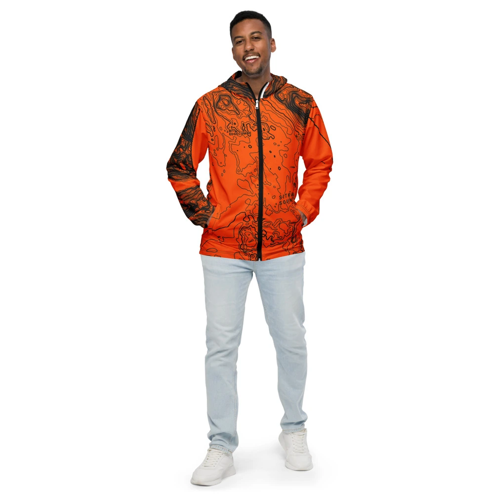 Real garment mockup of Sitka Sound Mt. Edgecumbe Alpine Neon Topo Windbreaker, Safety Neon Orange view 1