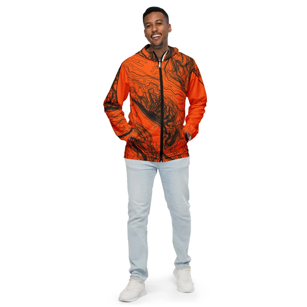 Real garment mockup of Ketchikan Tongass Deer Mountain Alpine Neon Topo Windbreaker, Safety Neon Orange view 1