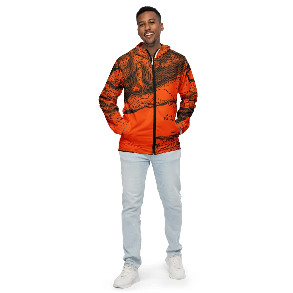 Real garment mockup of Valdez Chugach Keystone Alpine Neon Topo Windbreaker, Safety Neon Orange view 1