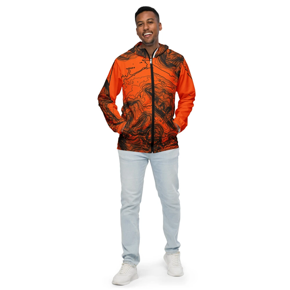 Real garment mockup of Juneau Icefield Gastineau Alpine Neon Topo Windbreaker, Safety Neon Orange view 1