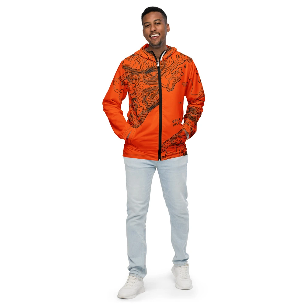 Real garment mockup of Cordova Copper River Mt. Eyak Alpine Neon Topo Windbreaker, Safety Neon Orange view 1