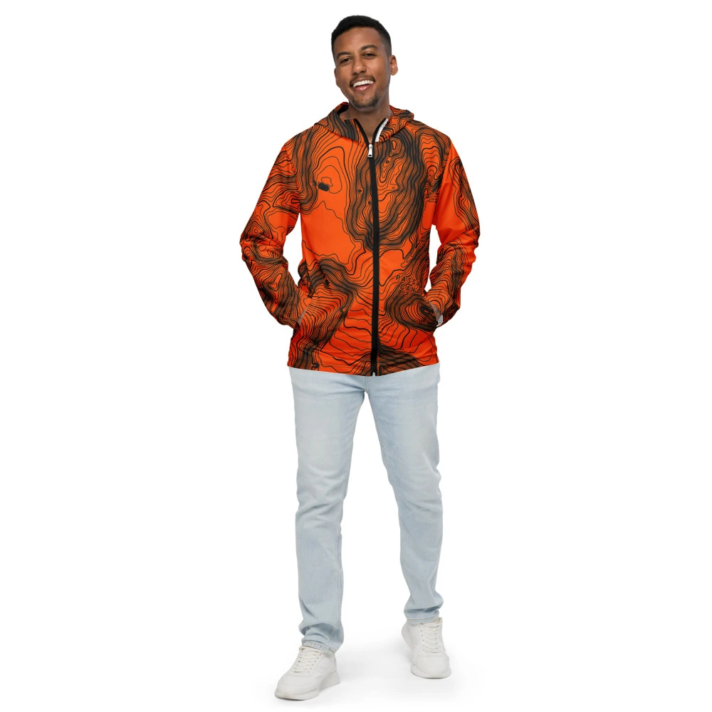 Real garment mockup of Whittier Passage Canal Glacier Alpine Neon Topo Windbreaker, Safety Neon Orange view 1