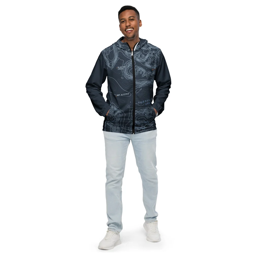 Real garment mockup of Girdwood Turnagain Arm Technical Fjord Windbreaker, Alpine Slate view 1